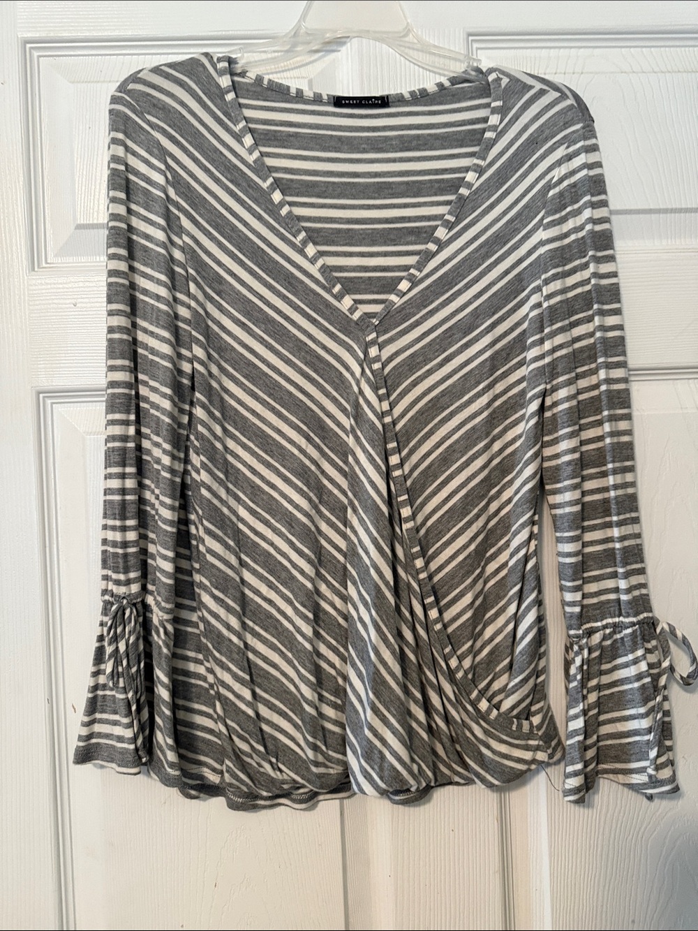 Sweet Claire Gray & White Striped V-Neck Wrap Top with Tie Sleeves